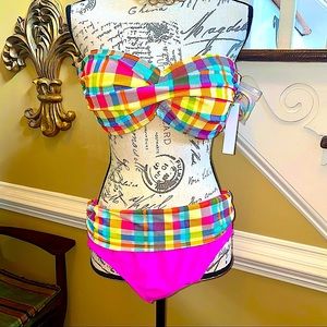Into the Bleu hot pink plaid bandeau hipster bikini with strap- NEW!